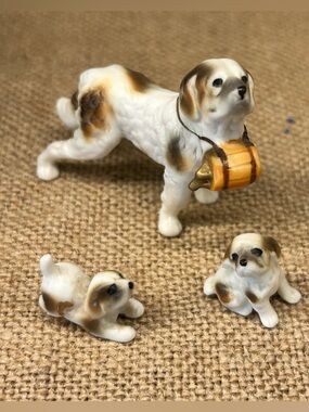 Vtg Mini 3 Piece Bone China Saint Bernard Dog Set Family - Mom & 2 Puppies Japan